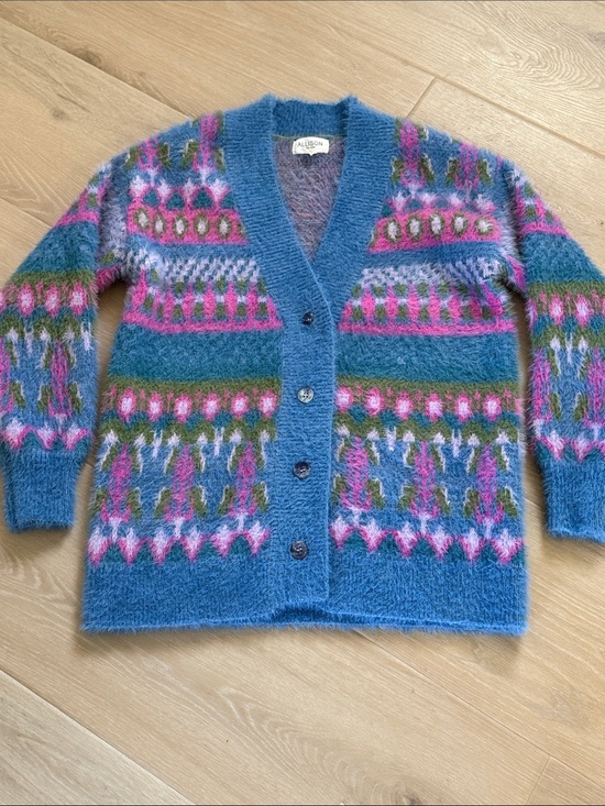 ALLISON NEW YORK Sweaters - Allison New York Alma Cardigan XS Fuzzy Fair Isle Mohair Blend Grandpa Sweater